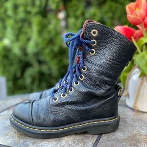 Dr Martens Black Leather Aimilita Tall Lace Up Moto Boots Size 6
